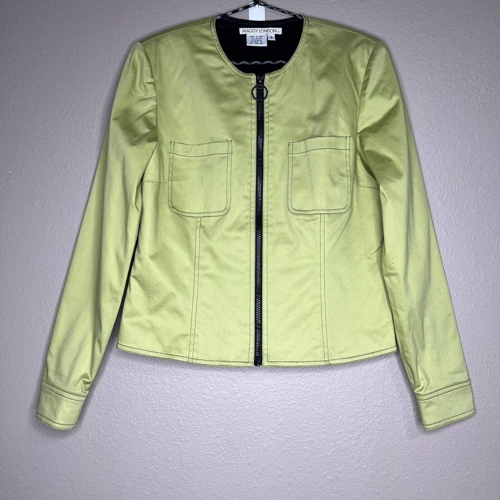 Vintage Maggy London Women's Green Full Zip Cropped Long Sleeve Jacket Sz 4
